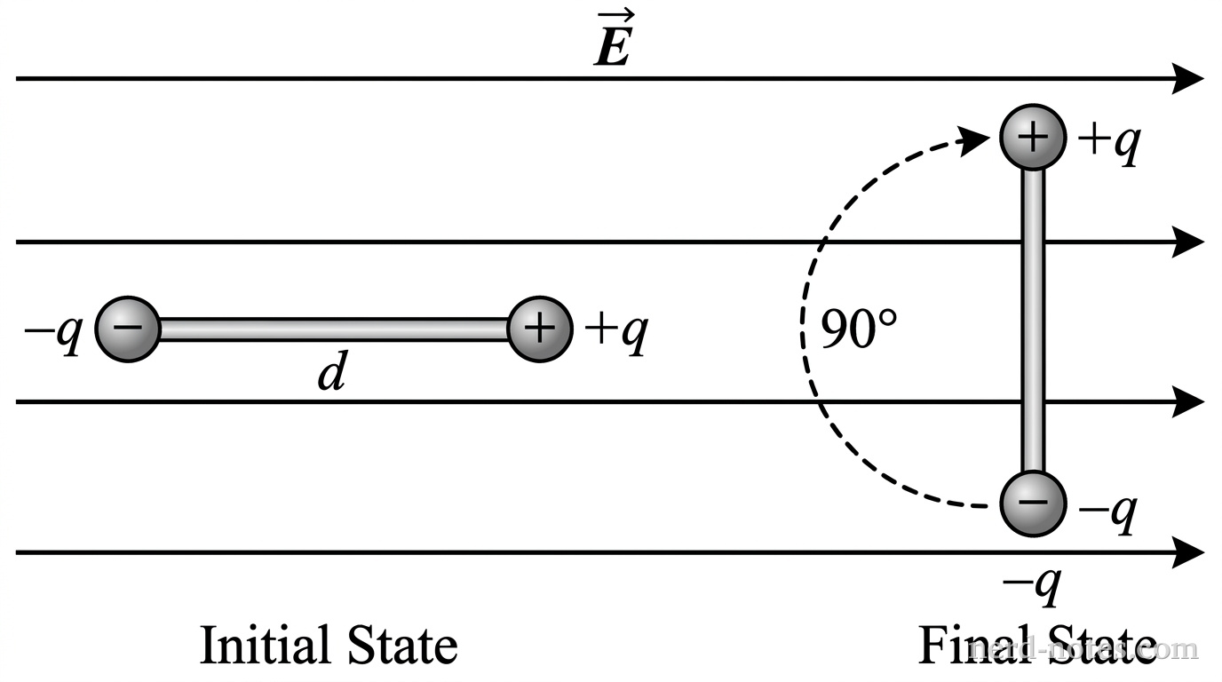 A schematic diagram showing a uniform electric field and two dipole orientations. Four evenly spaced parallel horizontal arrows pointing to the right represent a uniform electric field \(\vec{E}\). On the left side, labeled 'Initial State', a horizontal rod of length \(d\) is parallel to \(\vec{E}\) with a sphere labeled '\(-q\)' on the left and a sphere labeled '\(+q\)' on the right. On the right side, labeled 'Final State', the rod is oriented vertically, perpendicular to \(\vec{E}\), with '\(+q\)' at the top end and '\(-q\)' at the bottom end. A curved dashed arrow shows a \(90^\circ\) counterclockwise rotation from the initial state to the final state. No other labels, lines, text, or axes appear.