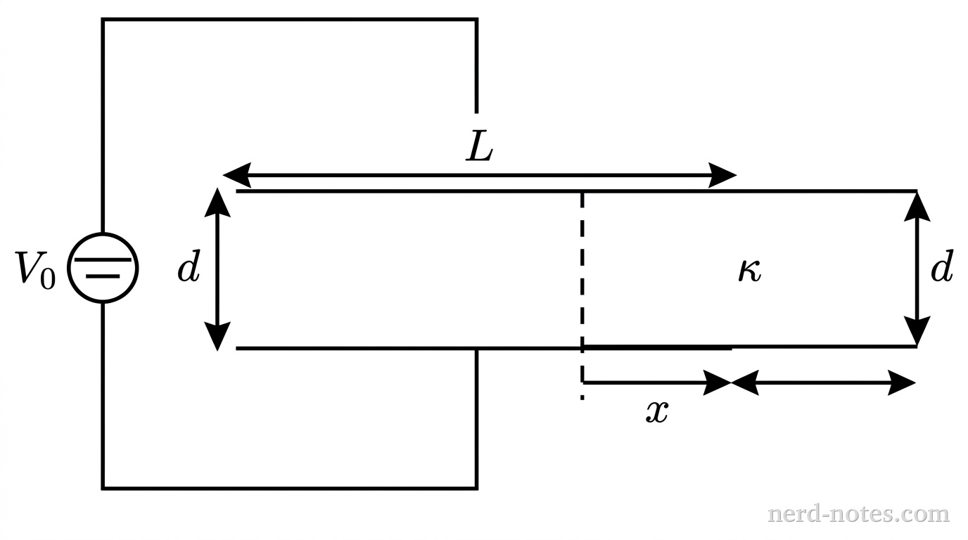 A schematic diagram showing a parallel-plate capacitor connected to a battery of potential difference V_0. Two horizontal parallel conducting plates of length L and separation distance d are shown in side profile. The top plate is connected to the positive terminal of the battery, and the bottom plate is connected to the negative terminal. A rectangular dielectric slab of thickness d and dielectric constant \kappa is partially inserted between the plates from the right side to an insertion distance x. A dashed vertical line marks the left edge of the dielectric slab inside the plates at distance x from the right plate edge. An arrow labeled x extends horizontally from the right plate edge to the left edge of the dielectric slab. No other labels, lines, text, or axes appear.