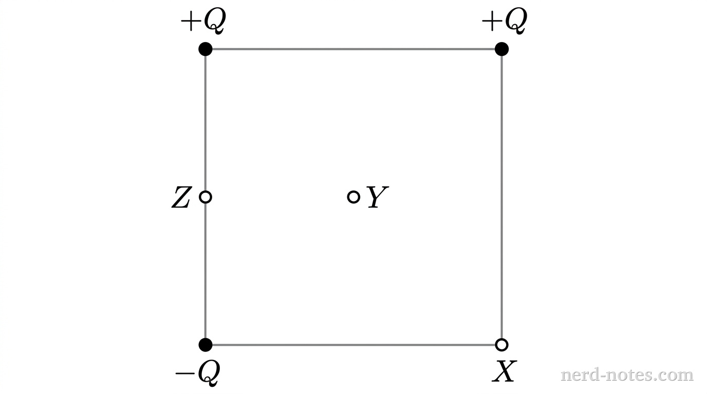 Three point charges placed at corners of a square of side length d.