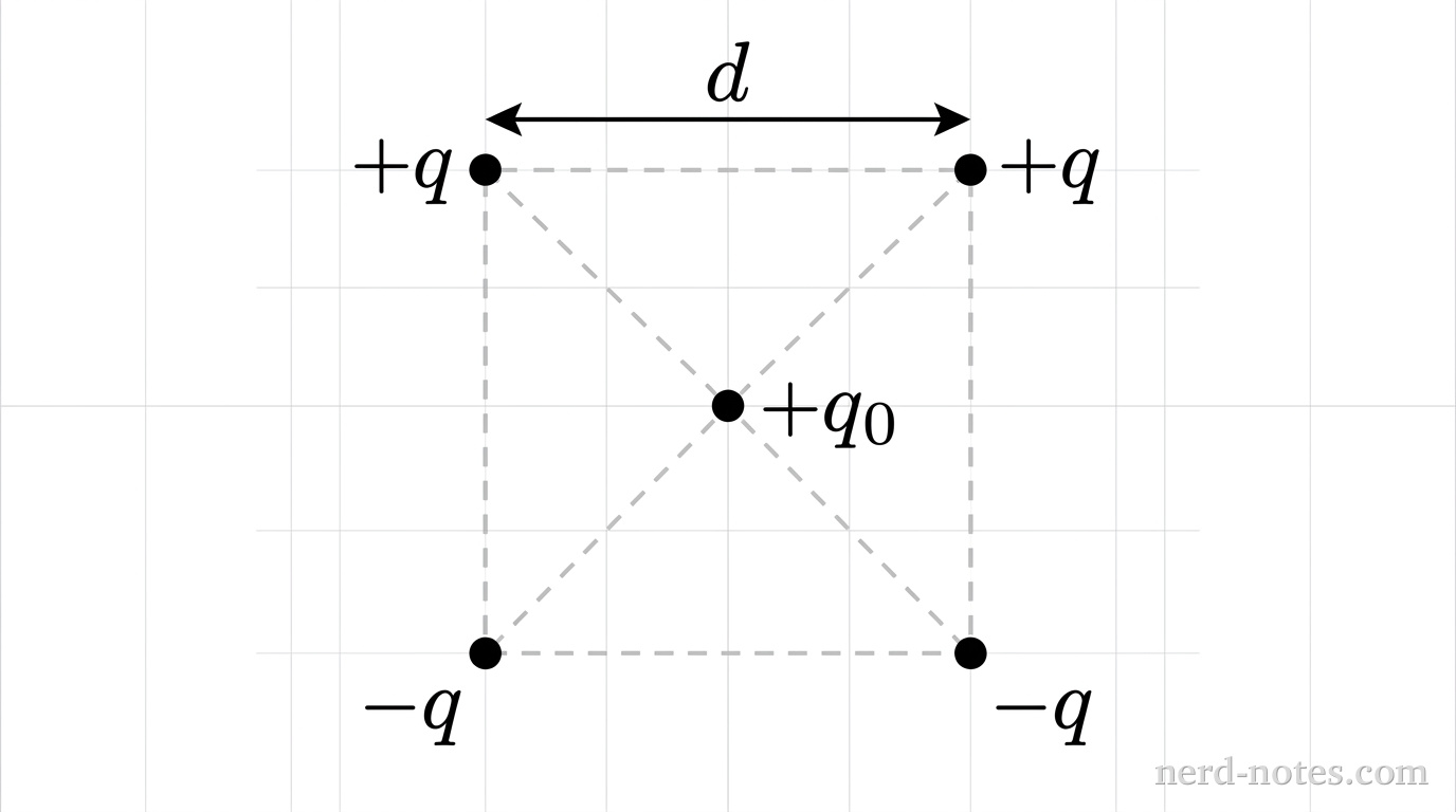 A square of side length d oriented in the xy-plane. The top-left corner contains a small circle labeled +q. The top-right corner contains a small circle labeled +q. The bottom-left corner contains a small circle labeled -q. The bottom-right corner contains a small circle labeled -q. At the exact center of the square, a point is labeled +q_0. Dashed diagonal lines extend between opposite corners, intersecting at +q_0. A horizontal double-headed arrow along the top side of the square is labeled d. No force vectors, field lines, or axes appear.