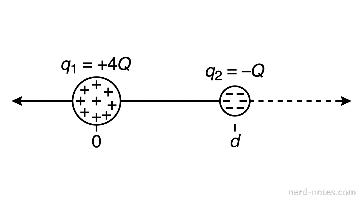A horizontal x-axis with two labeled tick marks at x = 0 and x = d. At x = 0, a large circle represents charge q_1 = +4Q containing plus signs. At x = d, a smaller circle represents charge q_2 = -Q containing minus signs. A dashed horizontal line extends along the x-axis to the right past x = d. No other labels, lines, text, or axes appear.
