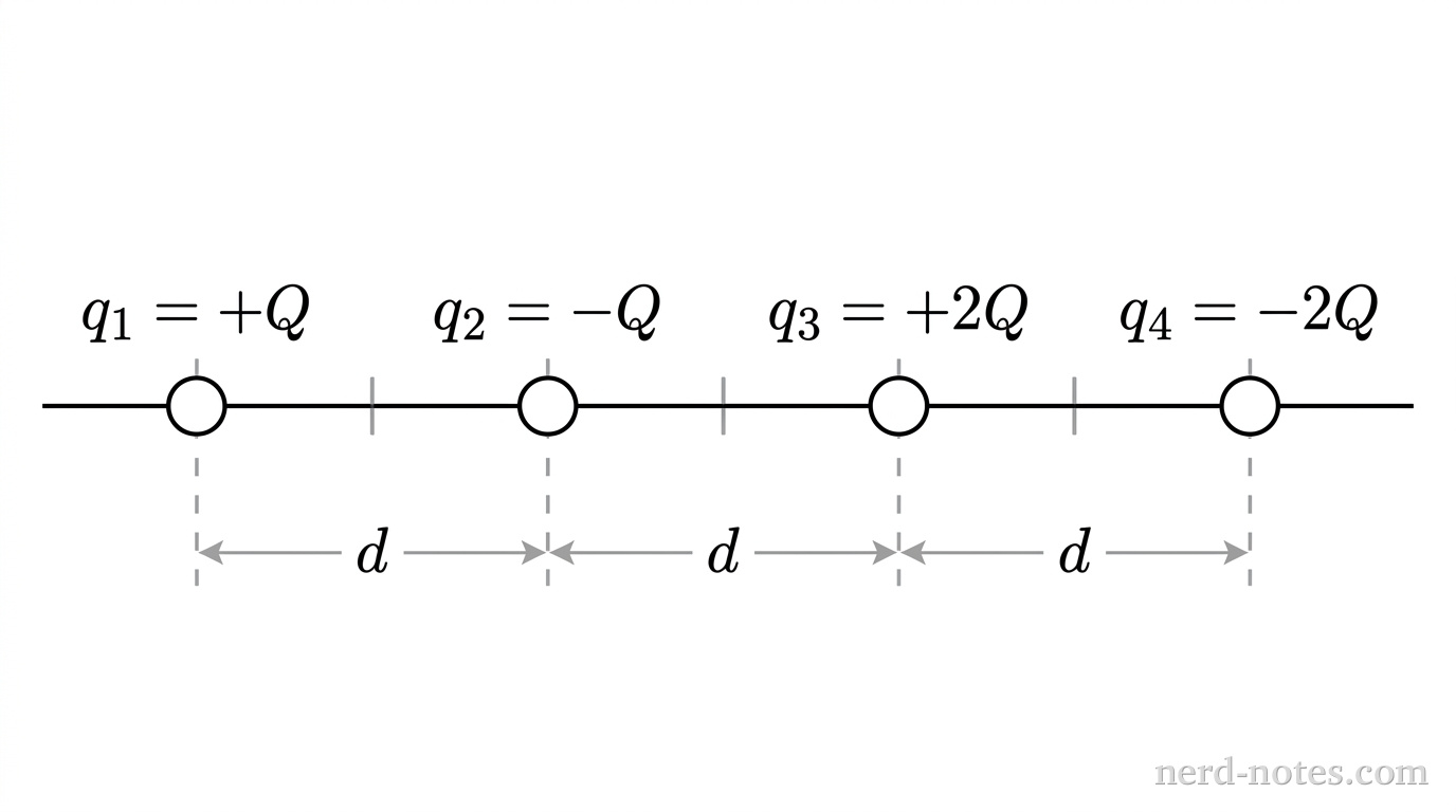 Four charges positioned along an x-axis with equal spacing d.
