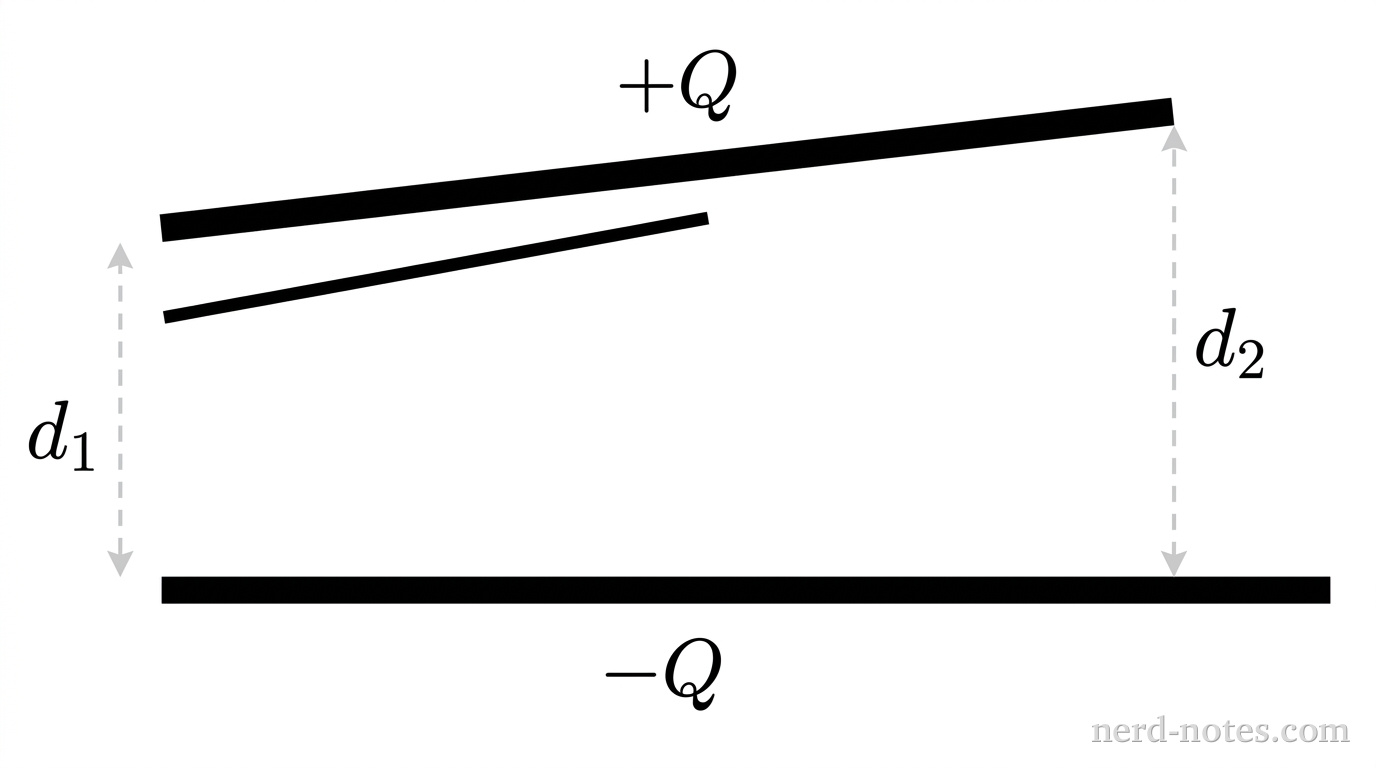 A clean 2D side-view schematic of two flat conducting plates oriented horizontally with a tilt relative to each other. The top plate is tilted slightly upward toward the right, carrying a total label +Q above it. The bottom plate is horizontal, carrying a total label -Q below it. At the far left, a vertical dashed dimension line with arrows spans the gap between the inner surfaces of the plates and is labeled d_1. At the far right, a vertical dashed dimension line with arrows spans the wider gap between the inner surfaces and is labeled d_2, where d_2 is visibly larger than d_1. No electric field lines, equipotential lines, or surface charge symbols appear. No other labels, lines, text, or axes appear.