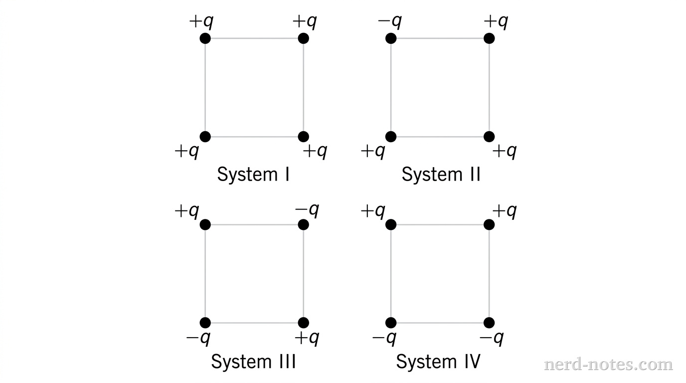 Four arrangements of point charges at the corners of a square.