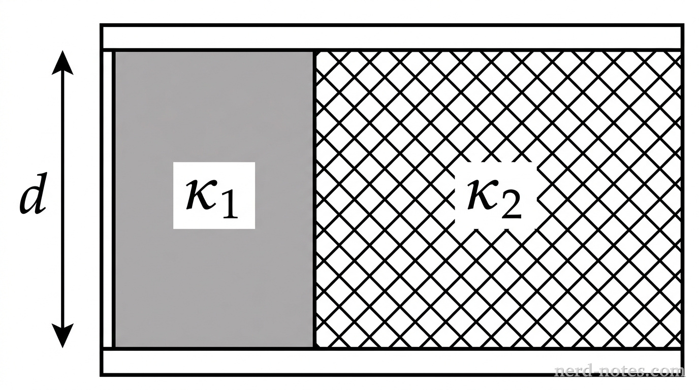A cross-sectional schematic diagram of a parallel-plate capacitor with top and bottom horizontal metal plates separated by vertical distance d. The space between the plates is divided vertically into two rectangular regions. The left region occupies one-third of the horizontal width and is filled with a shaded dielectric slab labeled with dielectric constant \(\kappa_1\). The right region occupies two-thirds of the horizontal width and is filled with a cross-hatched dielectric slab labeled with dielectric constant \(\kappa_2\). A vertical double-headed arrow on the left indicates the plate separation d. The total plate area is indicated as A. No other labels, lines, text, or axes appear.