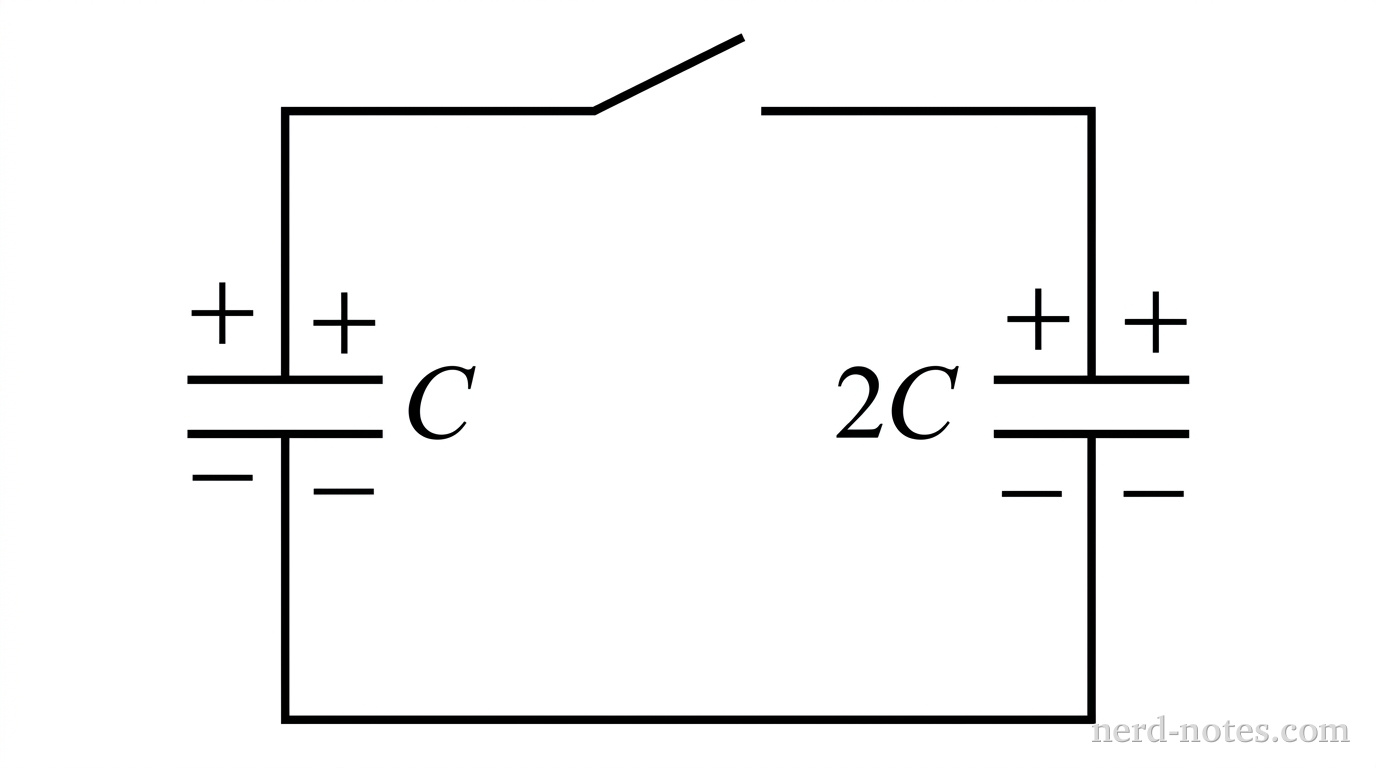 A schematic circuit diagram showing two parallel vertical branches connected in a closed rectangular loop. The left branch contains a parallel-plate capacitor labeled C, with '+' indicated on its upper plate and '-' on its lower plate. The right branch contains a parallel-plate capacitor labeled 2C, with '+' indicated on its upper plate and '-' on its lower plate. A single open switch is located along the top horizontal wire segment connecting the two top plates. No other circuit elements, text, or axes appear.