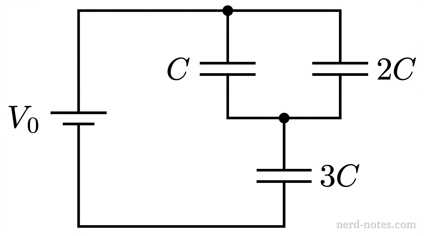 Circuit diagram containing three capacitors connected to a battery.