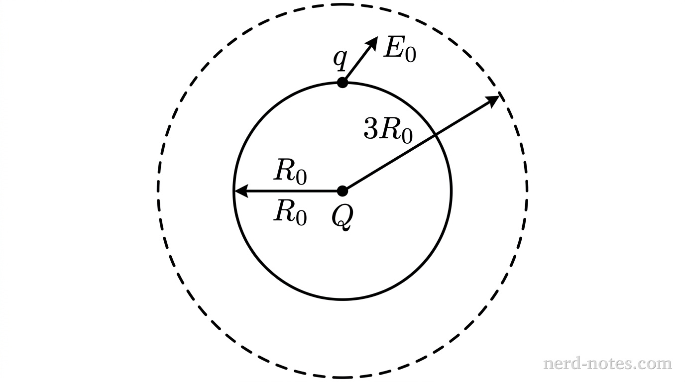 A schematic diagram showing two concentric circles representing a spherical balloon before and after expansion. The inner circle is solid with a radius arrow labeled R_0 extending from the center to its perimeter. At the exact center of both circles is a small solid black dot labeled +Q. On the top perimeter of the inner circle is a second small solid black dot labeled +q. A straight arrow labeled E_0 points radially outward from the dot +q. The outer circle is drawn with a dashed line and has a radius arrow labeled 3R_0 extending from the center to its upper-right perimeter. No other labels, lines, text, or axes appear.