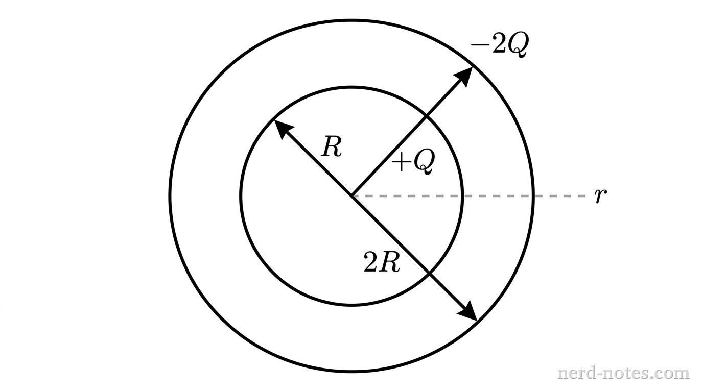 A cross-sectional diagram of two concentric circular thin shells centered at a common origin. The inner circle has radius R and is labeled +Q. The outer circle has radius 2R and is labeled -2Q. A dashed line extends horizontally from the center through both circles to indicate the radial direction r. No other labels, lines, text, or axes appear.