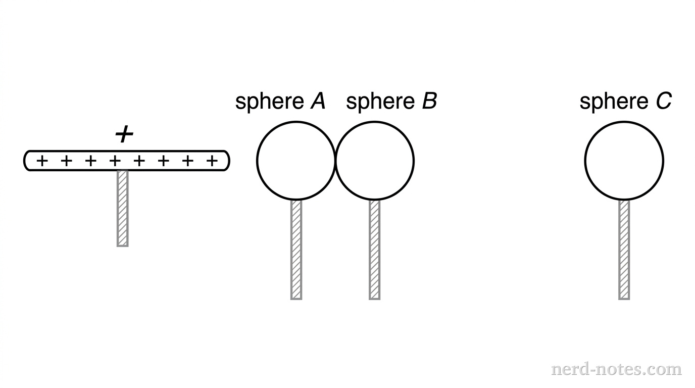 A physical setup diagram on a clean white background. On the left, a horizontal insulating rod labeled + holds positive charges marked with + signs along its length, pointing toward sphere A. Sphere A and sphere B are two identical metallic spheres resting on thin vertical insulating stands, touching each other at a single contact point. Sphere A is closer to the rod on the left, and sphere B is to the right of sphere A. Farther to the right, sphere C is a third identical metallic sphere resting on its own vertical insulating stand, isolated from spheres A and B. No other labels, lines, text, or axes appear.