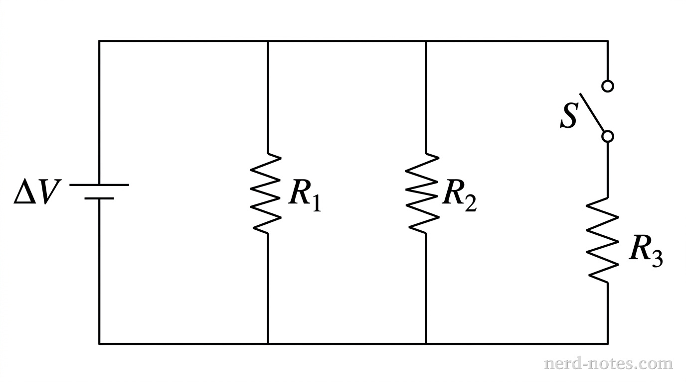 A schematic circuit diagram oriented horizontally. On the far left, a vertical DC battery symbol is labeled with potential difference \(\Delta V\), with the longer positive terminal line on top. Extending from the top and bottom terminals of the battery are horizontal wire lines forming a parallel network. Three vertical parallel branches connect the top horizontal wire to the bottom horizontal wire. The leftmost vertical branch contains a resistor labeled \(R_1\). The middle vertical branch contains a resistor labeled \(R_2\). The rightmost vertical branch contains an open switch labeled \(S\) in series with a resistor labeled \(R_3\). No other labels, lines, text, or axes appear.