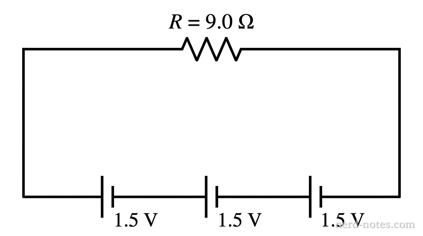 A single-loop circuit containing three batteries and a resistor.