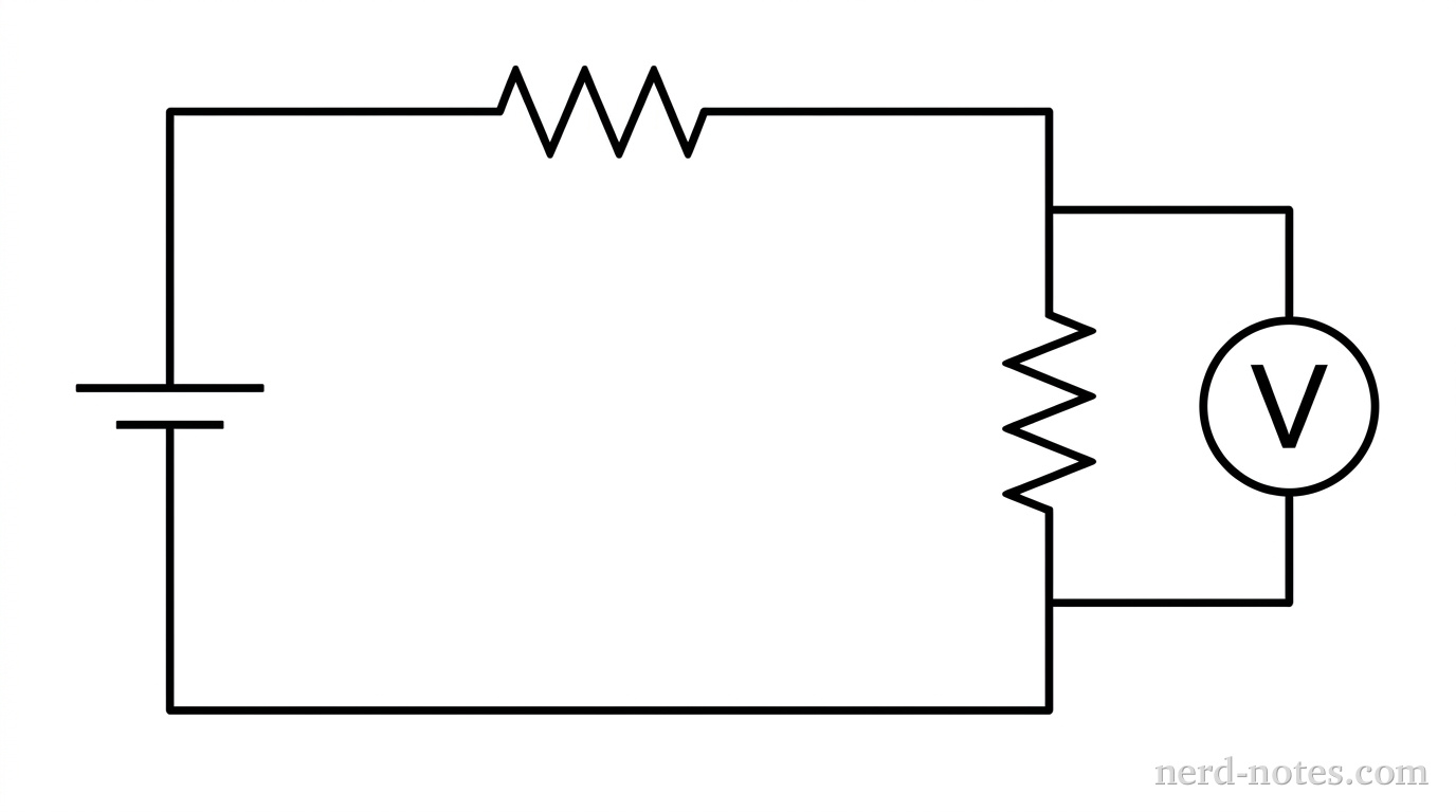 A single-loop DC circuit schematic with an ideal battery on the left vertical branch, oriented positive terminal up. The circuit extends to a top horizontal wire containing Resistor 1. The right vertical branch contains Resistor 2. Connected in parallel across Resistor 2 on the far right is a voltmeter represented by a circle with a capital letter V inside. Wires connect smoothly forming a closed rectangular loop with the voltmeter forming an additional parallel branch on the right. No other components or labels appear.