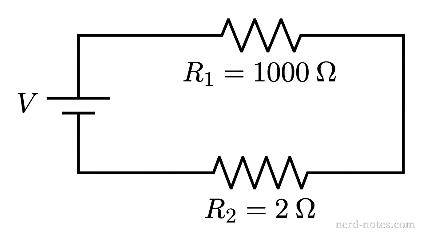 A circuit schematic showing an ideal DC voltage source labeled V connected in parallel to two horizontal branches. The upper branch contains a single resistor labeled R_1 = 1000 \Omega. The lower branch contains a single resistor labeled R_2 = 2 \Omega. No other labels, lines, text, or axes appear.