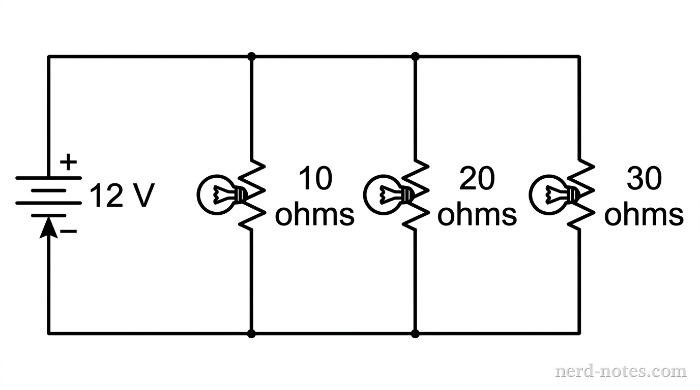 A schematic circuit diagram containing an ideal DC voltage source labeled 12 V on the left vertical wire, with the positive terminal at the top. Two horizontal main wires extend to the right from the positive and negative terminals. Three vertical parallel branches connect the top main wire to the bottom main wire. The first branch contains a light bulb resistor labeled 10 ohms. The second branch contains a light bulb resistor labeled 20 ohms. The third branch contains a light bulb resistor labeled 30 ohms. No other components or labels appear.