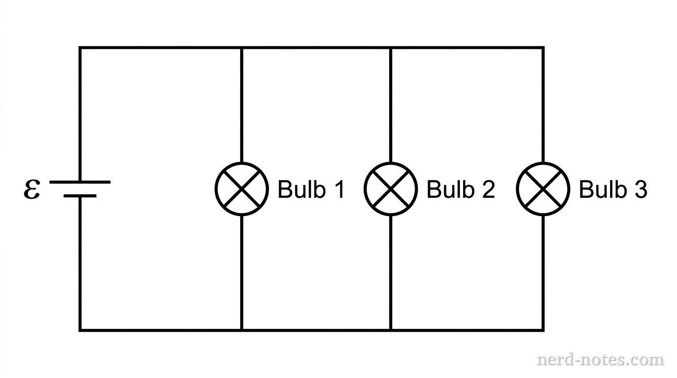 A schematic diagram of a DC circuit. On the left vertical wire is an ideal battery labeled with potential difference \varepsilon. Three parallel vertical branches extend between the main top and bottom conductors. Each branch contains a lightbulb symbol, labeled Bulb 1, Bulb 2, and Bulb 3 from left to right. No other circuit elements or labels appear.