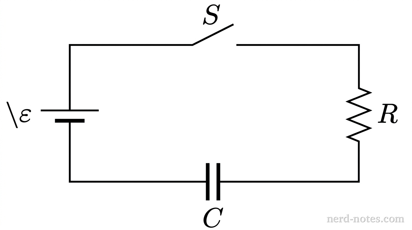 A schematic diagram of a single-loop electric circuit. On the left vertical branch is an ideal DC voltage source labeled \varepsilon with the positive terminal on top. On the top horizontal branch is an open single-pole switch labeled S. On the right vertical branch is a resistor labeled R. On the bottom horizontal branch is a parallel-plate capacitor labeled C. All components are connected in a continuous loop by straight lines representing ideal conducting wires. No other labels, lines, text, or axes appear.