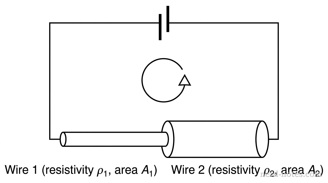 A schematic diagram showing a single-loop circuit containing an ideal battery connected to two cylindrical wires attached end-to-end in series. Wire 1 on the left is narrower and labeled 'Wire 1 (resistivity \(\rho_1\), area \(A_1\))'. Wire 2 on the right is wider and labeled 'Wire 2 (resistivity \(\rho_2\), area \(A_2\))'. A clockwise directional arrow indicates the flow of conventional current around the loop. No other text or labels appear.