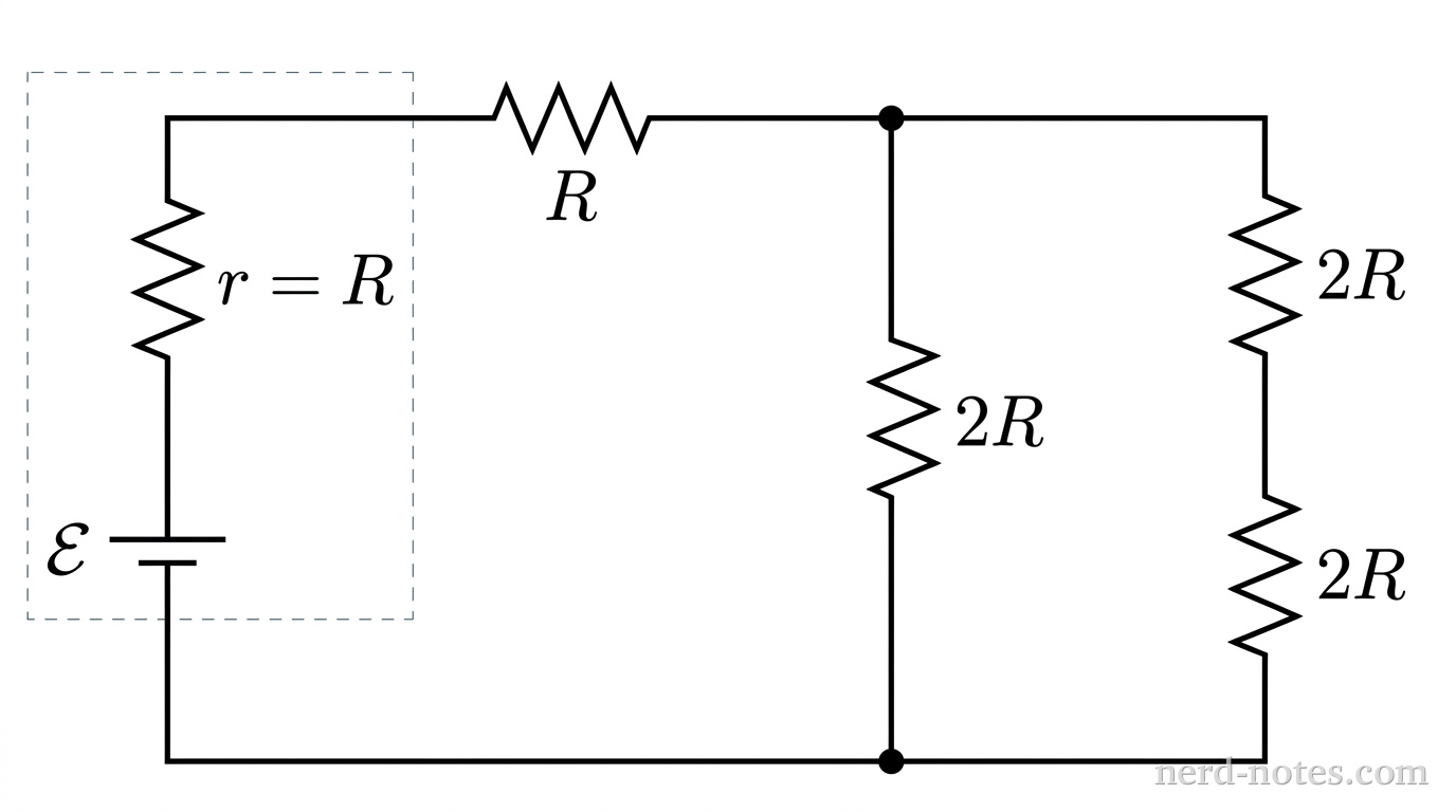 A schematic diagram of a DC circuit. On the far left, a vertical DC voltage source labeled emf \(\mathcal{E}\) is connected in series with an internal resistor labeled \(r = R\), surrounded by a light dashed rectangle. From the top of this battery assembly, a wire extends right through a resistor labeled \(R\) to a top node. From this node, the wire splits into two parallel vertical branches: Branch A on the left containing one resistor labeled \(2R\), and Branch B on the right containing two resistors connected in series, each labeled \(2R\). Both vertical branches connect at a bottom node, which connects via a horizontal wire back to the negative terminal of the battery assembly. No other labels, lines, text, or axes appear.