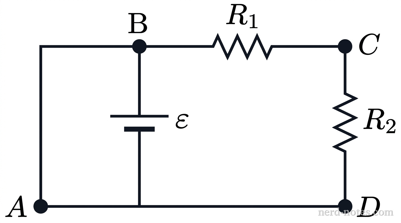 A simple rectangular schematic circuit diagram oriented horizontally. The left vertical wire contains an ideal battery labeled \(\varepsilon\), with the longer horizontal line on top and the shorter thicker line on the bottom. The top horizontal wire contains a zig-zag resistor symbol labeled \(R_1\). The right vertical wire contains a second zig-zag resistor symbol labeled \(R_2\). The bottom horizontal wire is a straight wire connecting the bottom of \(R_2\) back to the bottom of the battery. Four dark circular nodes represent labeled points along the circuit: point A at the bottom-left corner, point B at the top-left corner above the battery, point C at the top-right corner after \(R_1\), and point D at the bottom-right corner below \(R_2\). No other labels, lines, text, or axes appear.