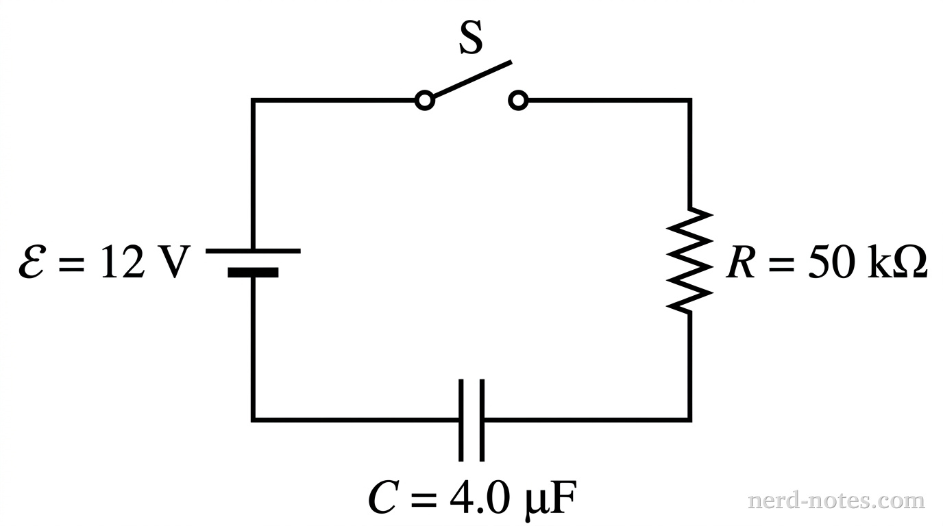 A schematic diagram of a single-loop series circuit. The left vertical branch contains an ideal battery labeled \(\mathcal{E} = 12\text{ V}\) with its positive terminal pointing upward. The top horizontal branch contains an open switch labeled S. The right vertical branch contains a resistor labeled \(R = 50\text{ k}\Omega\). The bottom horizontal branch contains an uncharged parallel-plate capacitor labeled \(C = 4.0\text{ }\mu\text{F}\). Wire connections complete the single continuous loop.