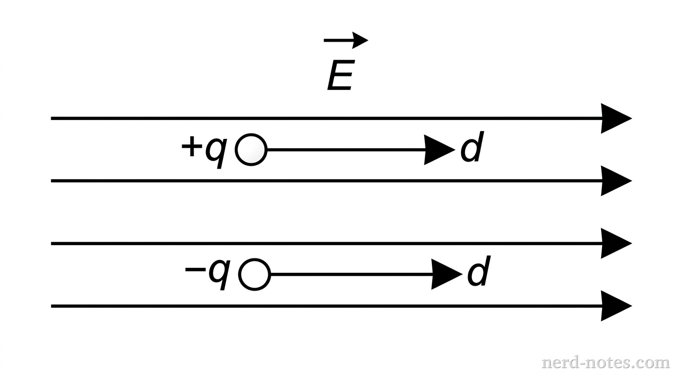 A schematic diagram showing four horizontal parallel electric field lines directed from left to right, labeled with a bold vector E pointing to the right. Two small spheres are shown: a positive charge labeled +q located near the top and a negative charge labeled -q located below it. For both charges, a straight arrow pointing to the right represents a displacement d in the direction of the field lines. No other lines, labels, or vectors appear.