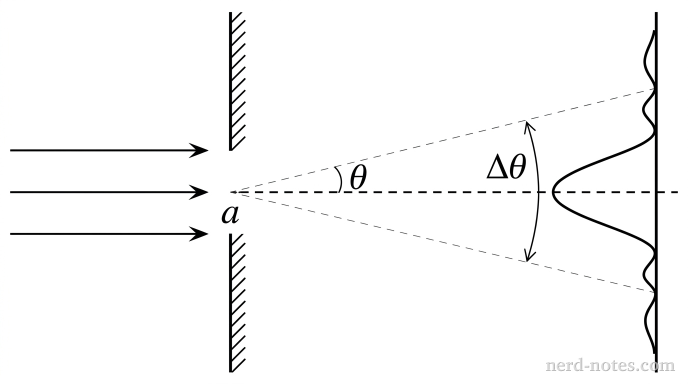 Single-slit diffraction setup showing the central maximum angular width.