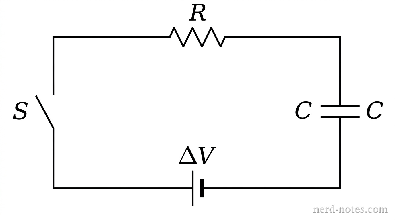 A rectangular schematic diagram of a single-loop series circuit. The bottom horizontal branch contains an ideal DC battery labeled \(\Delta V\) with its longer positive plate on the left and shorter negative plate on the right. The left vertical branch contains an open switch labeled \(S\). The top horizontal branch contains a resistor labeled \(R\) represented by a zigzag line. The right vertical branch contains a parallel-plate capacitor labeled \(C\) represented by two equal parallel vertical lines. Standard thin lines connect all components in a single closed loop. No other labels, lines, or text appear.