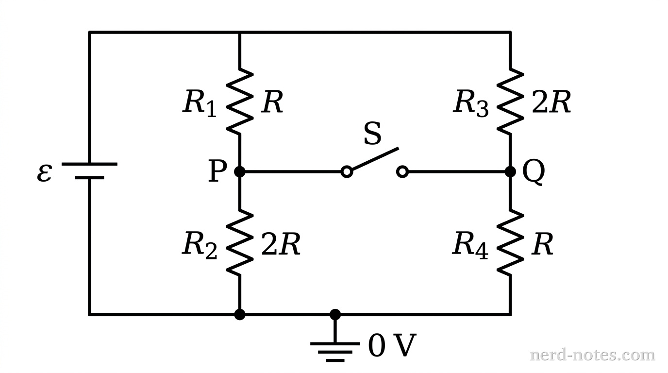 Circuit schematic with switch S between nodes P and Q.