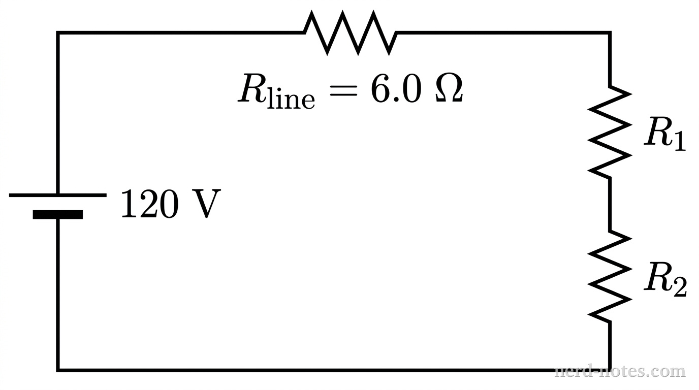 A schematic diagram of a single-loop DC circuit. On the left side, a DC voltage source labeled \(120\text{ V}\). The circuit loop proceeds clockwise through a top resistor labeled \(R_{\text{line}} = 6.0\text{ }\Omega\), representing the extension cord. On the right vertical branch, two identical resistors labeled \(R_1\) and \(R_2\) are connected in series. Straight wires complete the single closed rectangular loop. No other components or labels appear.