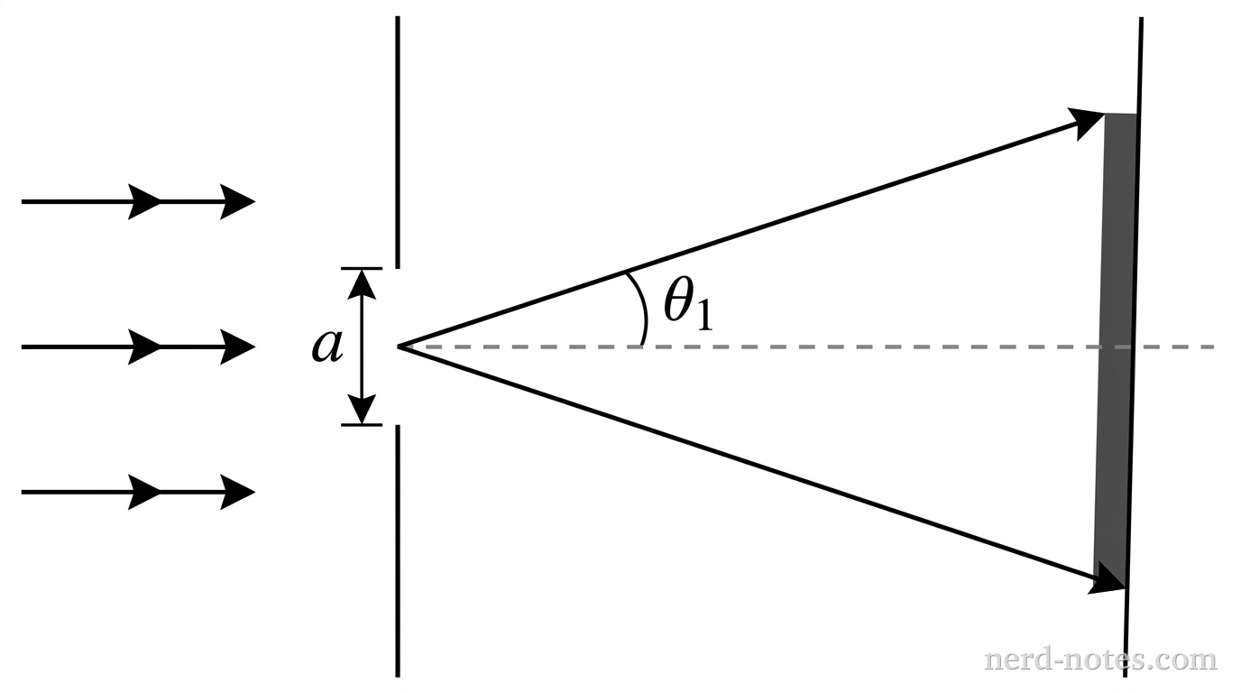 A schematic diagram showing horizontal parallel light rays coming from the left, incident on a vertical barrier with a single slit of width a. To the right of the barrier is a vertical screen. A dashed central axis line extends horizontally from the midpoint of the slit to the center of the screen. Two straight lines leave the slit at an angle theta_1 above and below the central axis, extending to the screen where the first dark minima are located. The central bright region on the screen between these two points is highlighted. No other labels, lines, text, or axes appear.