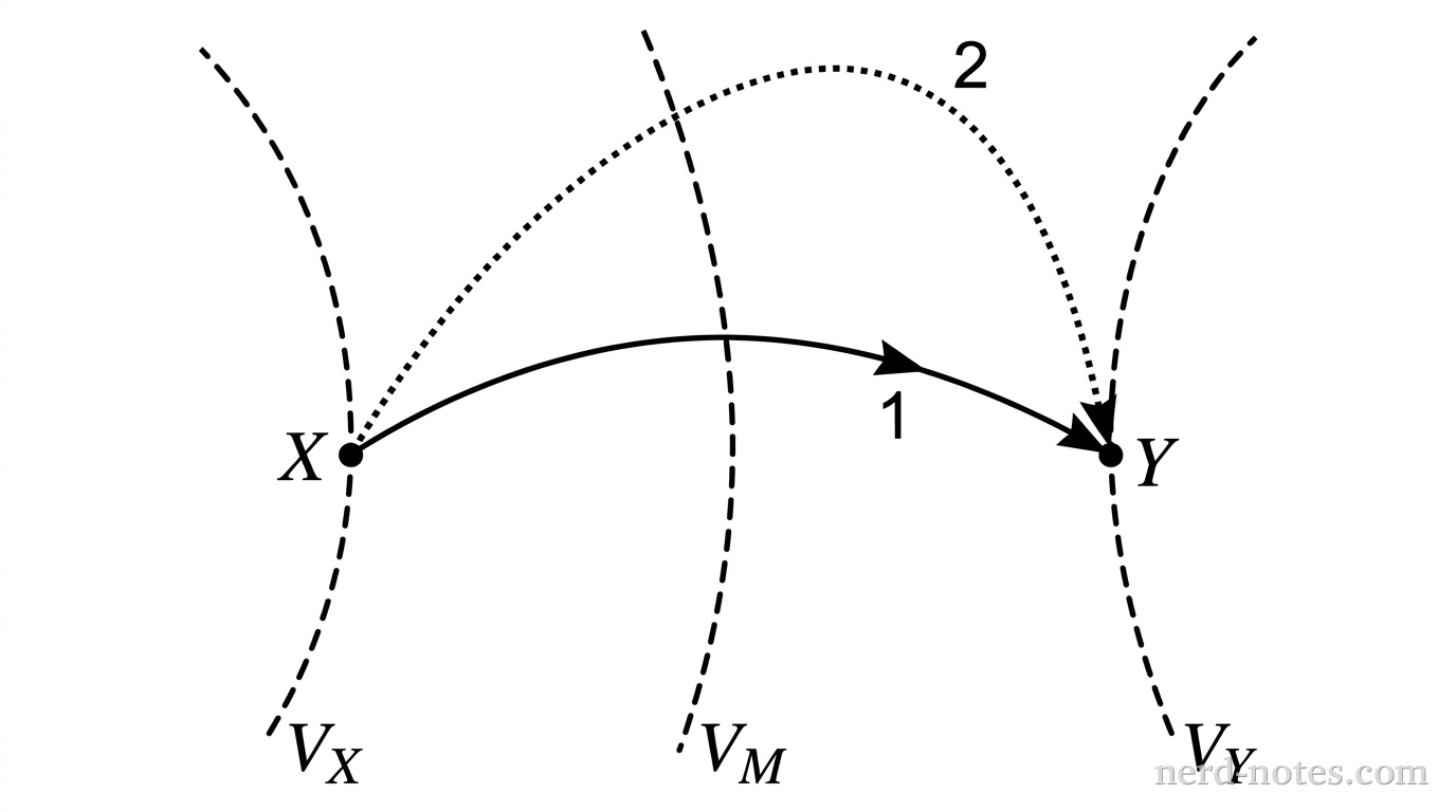 A two-dimensional electric field setup with equipotential lines. Three curved dashed lines run vertically across the frame, labeled from left to right as equipotential surfaces V_X, V_M, and V_Y. A point labeled X is marked on line V_X on the left, and a point labeled Y is marked on line V_Y on the right. Path 1 is drawn as a solid black line with an arrowhead pointing rightward, extending directly from point X to point Y in a smooth arc. Path 2 is drawn as a dotted black line with an arrowhead pointing rightward, starting at point X, looping high upward toward the top right, and then curving downward to end at point Y. No other labels, lines, text, or axes appear.