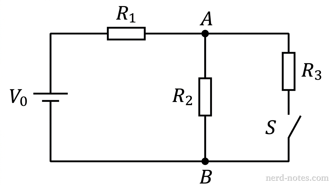 A rectangular circuit diagram oriented horizontally. On the far left vertical branch, an ideal battery is drawn with long positive terminal line on top labeled \(V_0\) and short negative terminal line on bottom. From the top of the battery, a horizontal wire goes right through resistor \(R_1\) to junction A. From junction A, the path splits into two parallel vertical branches that rejoin at junction B below. The left parallel branch contains resistor \(R_2\). The right parallel branch contains resistor \(R_3\) in series with an open switch labeled \(S\). From junction B, a horizontal wire returns left to the bottom negative terminal of the battery. No other components, lines, text, or axes appear.
