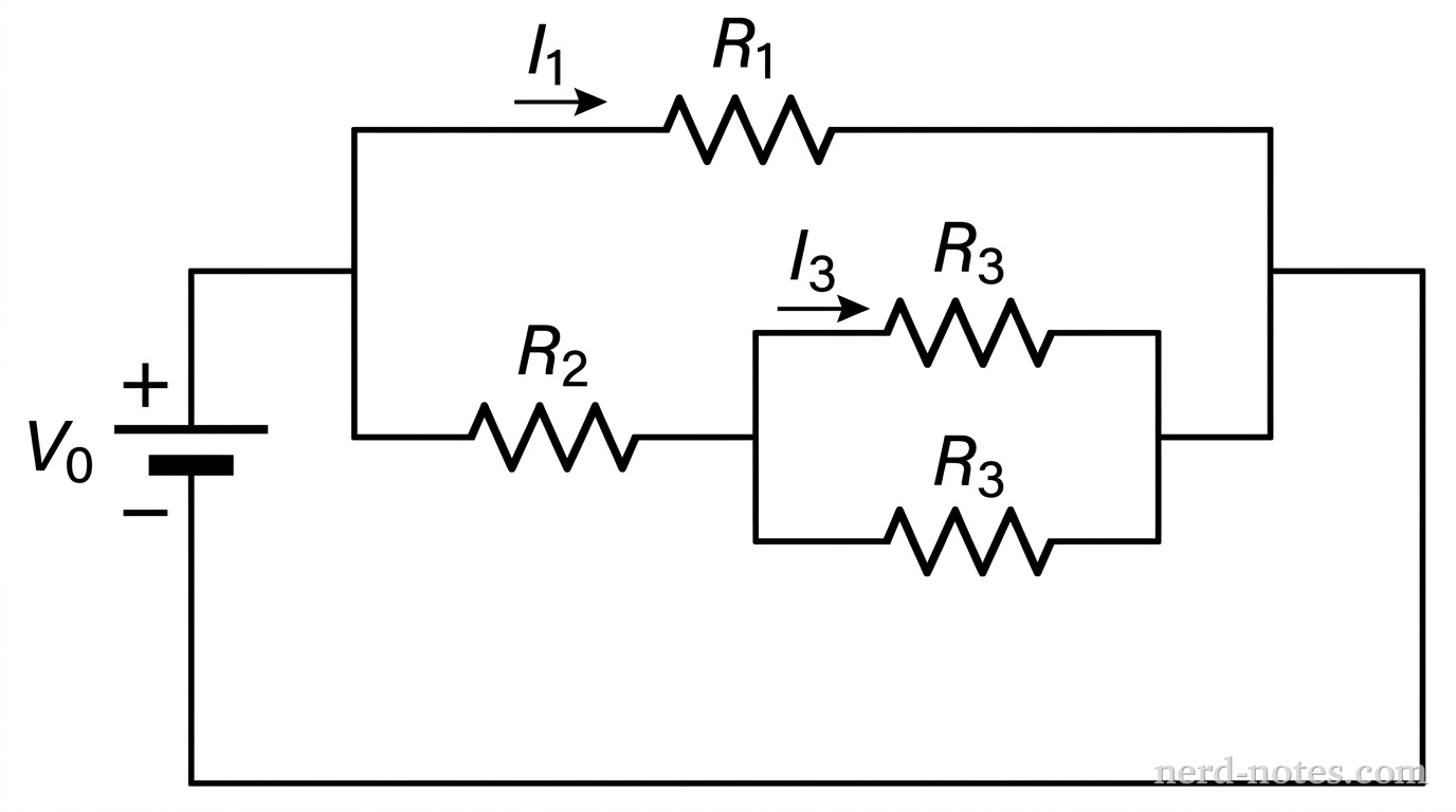 A schematic circuit diagram showing an ideal battery labeled V_0 on the left vertical wire, positive terminal facing up. Wires extend horizontally to the right to form a parallel network with two main horizontal branches. The top branch, Branch 1, contains a single resistor labeled R_1 with a current arrow labeled I_1 pointing rightward. The bottom branch, Branch 2, contains a resistor labeled R_2 connected in series to a parallel sub-network. This sub-network splits into two parallel sub-branches, each containing a resistor labeled R_3. A current arrow labeled I_3 points rightward through the upper R_3 resistor. All branches recombine before returning to the negative terminal of the battery. No other labels, lines, text, or axes appear.