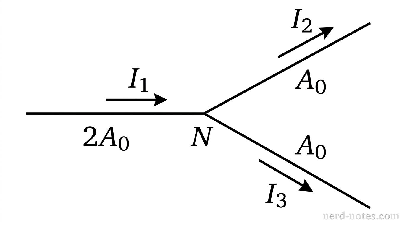 A single junction node labeled N sits at the center. Wire 1 approaches node N horizontally from the left with a cross-sectional area labeled 2A_0, with an arrow pointing right labeled I_1 toward node N. Wire 2 exits node N upward and to the right with a cross-sectional area labeled A_0, with an arrow pointing along it labeled I_2 away from node N. Wire 3 exits node N downward and to the right with a cross-sectional area labeled A_0, with an arrow pointing along it labeled I_3 away from node N. No other labels, lines, text, or axes appear.
