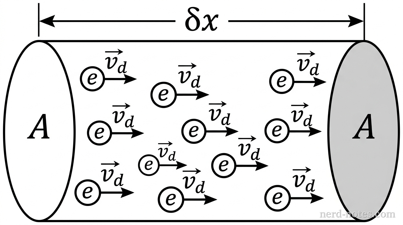 A horizontal cylindrical wire segment of cross-sectional area A. Inside the cylinder, several small circular particles labeled e are shown moving to the right with velocity vectors labeled v_d. A circular cross-sectional slice of area A is shaded at the right end of the segment. An arrow along the length indicates a distance segment delta x. No other labels, lines, text, or axes appear.