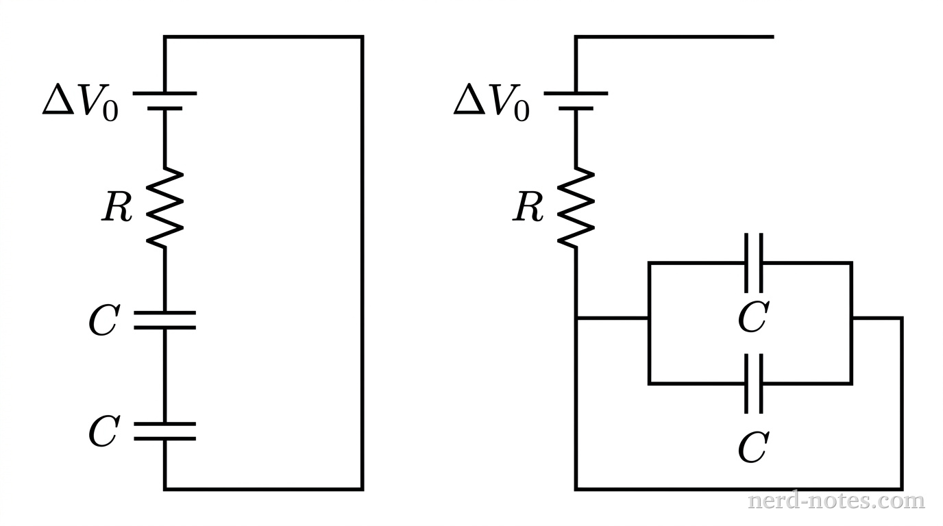 Two circuit diagrams side by side. Circuit A on the left shows a single loop containing a battery labeled \Delta V_0, a resistor labeled R, and two identical capacitors labeled C connected in series. Circuit B on the right shows a battery labeled \Delta V_0 and a resistor labeled R in the main line, connected to two parallel branches, each containing one capacitor labeled C. No other labels, lines, text, or axes appear.