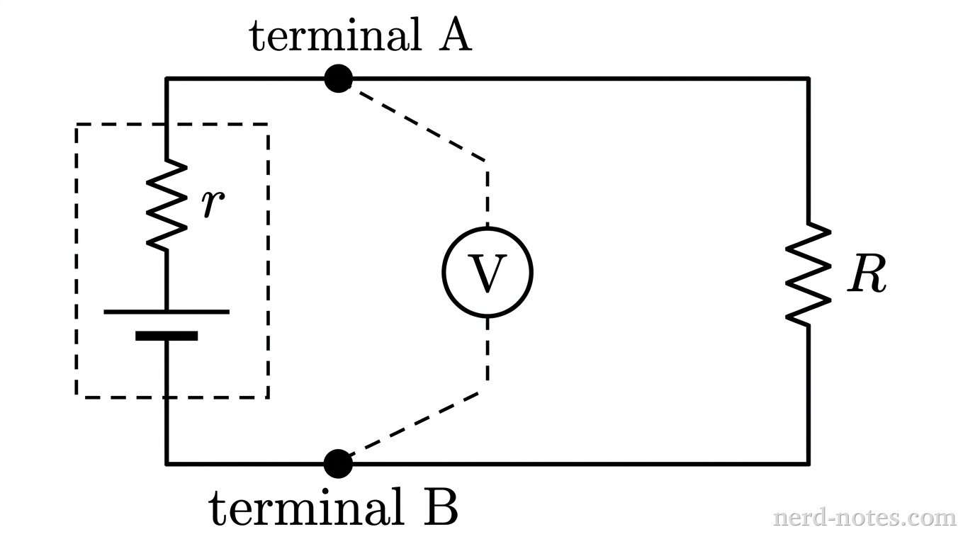 A single closed rectangular circuit loop. On the left vertical branch, an ideal battery symbol with a long upper parallel line and short lower parallel line is connected in series with a small resistor symbol labeled r above it. A dashed rectangular box surrounds both the battery symbol and resistor r to represent the real battery. A solid black dot labeled terminal A sits on the top wire above the dashed box, and a solid black dot labeled terminal B sits on the bottom wire below the dashed box. On the right vertical branch, a single resistor symbol labeled R is positioned vertically. Two dashed wire leads extend from terminals A and B to a circle containing the letter V, representing a voltmeter measuring terminal voltage. No other labels, lines, text, or axes appear.