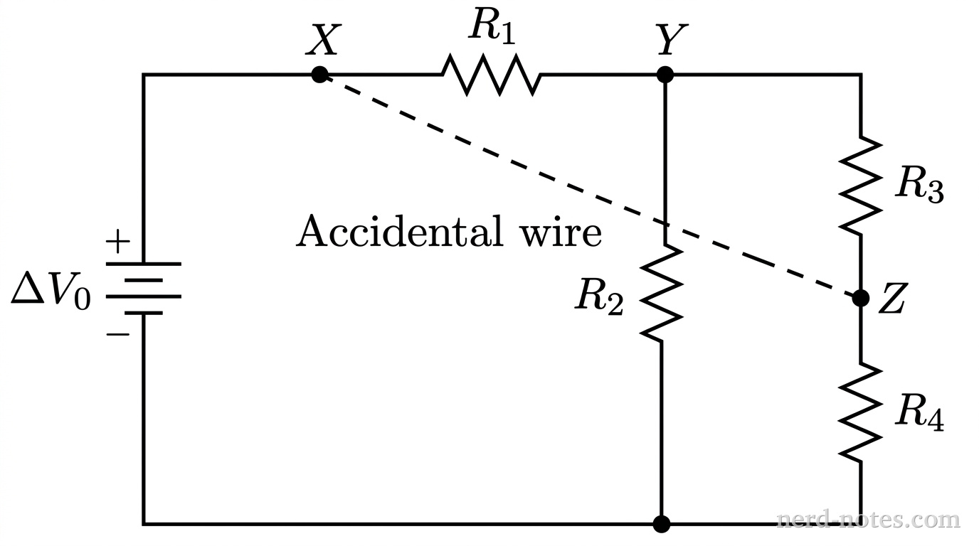 A circuit schematic diagram drawn with clean black lines. On the far left, a vertical DC voltage source is labeled \(\Delta V_0\), with its positive terminal at the top and negative terminal at the bottom. A wire extends from the positive terminal to a top-left node X. From node X, a horizontal segment containing resistor \(R_1\) connects to node Y. From node Y, the path divides into two parallel vertical branches. The left vertical branch contains resistor \(R_2\) leading down to the bottom wire connected to the negative terminal. The right vertical branch contains resistor \(R_3\) leading down to intermediate node Z, followed by resistor \(R_4\) leading from node Z down to the bottom wire. A dashed line labeled 'Accidental wire' connects node X directly to node Z. No other labels, lines, text, or axes appear.