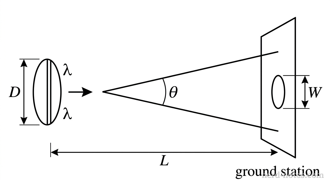 A laser emitting light of wavelength \(\lambda\) passes through a circular aperture of diameter \(D\) on the left. The light propagates to the right over a distance \(L\) toward a flat screen representing the ground station. The central diffraction cone expands at an angular half-width \(\theta\) to form a circular spot of diameter \(W\) on the screen. Labels indicate \(D\) at the aperture, \(L\) for the distance between aperture and screen, \(\theta\) for the angular spread, and \(W\) for the spot diameter. No other lines or labels appear.