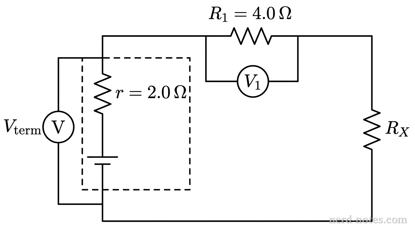 A rectangular single-loop circuit schematic. On the left vertical branch, a battery is depicted inside a dashed rectangle; inside the dashed box are a DC voltage source symbol and a series resistor labeled r = 2.0 \Omega. A voltmeter labeled V_term is connected in parallel across the terminals of the dashed box. On the top horizontal branch is a resistor labeled R_1 = 4.0 \Omega with a voltmeter labeled V_1 connected in parallel across it. On the right vertical branch is an unknown resistor labeled R_X. No other labels, lines, text, or elements appear.