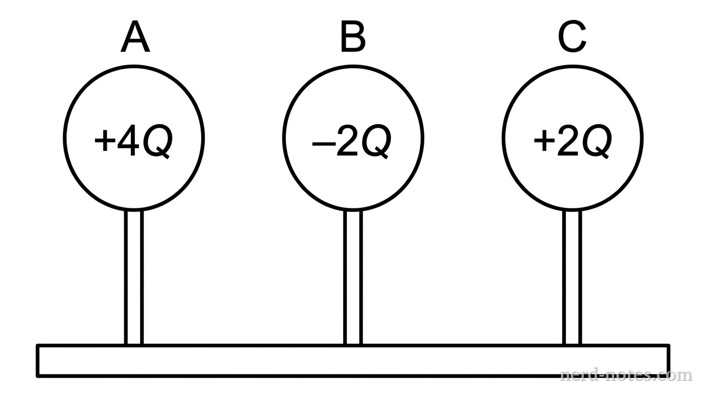 Three identical conducting spheres on insulating stands with initial charges.
