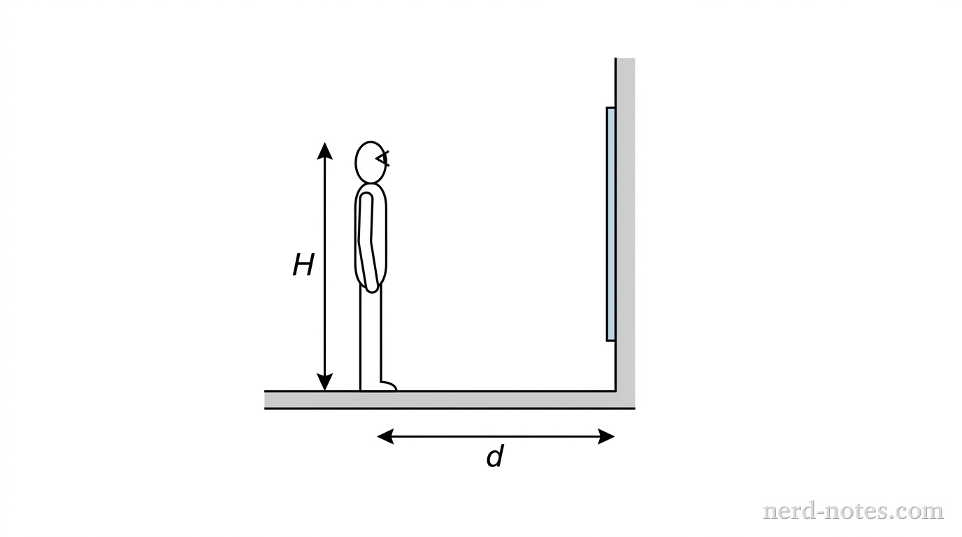 A side-view schematic diagram showing a person standing upright on a flat horizontal floor in front of a vertical wall-mounted mirror. The person is represented as a vertical figure of total height H. The mirror is shown as a thin vertical line on a wall at horizontal distance d from the person. A horizontal dimension arrow below the floor marks distance d between person and mirror. A vertical dimension arrow beside the person marks total height H. Eye level is indicated by a small mark near the top of the figure. No light rays, reflection angles, or image locations are drawn. No other labels, lines, text, or axes appear.