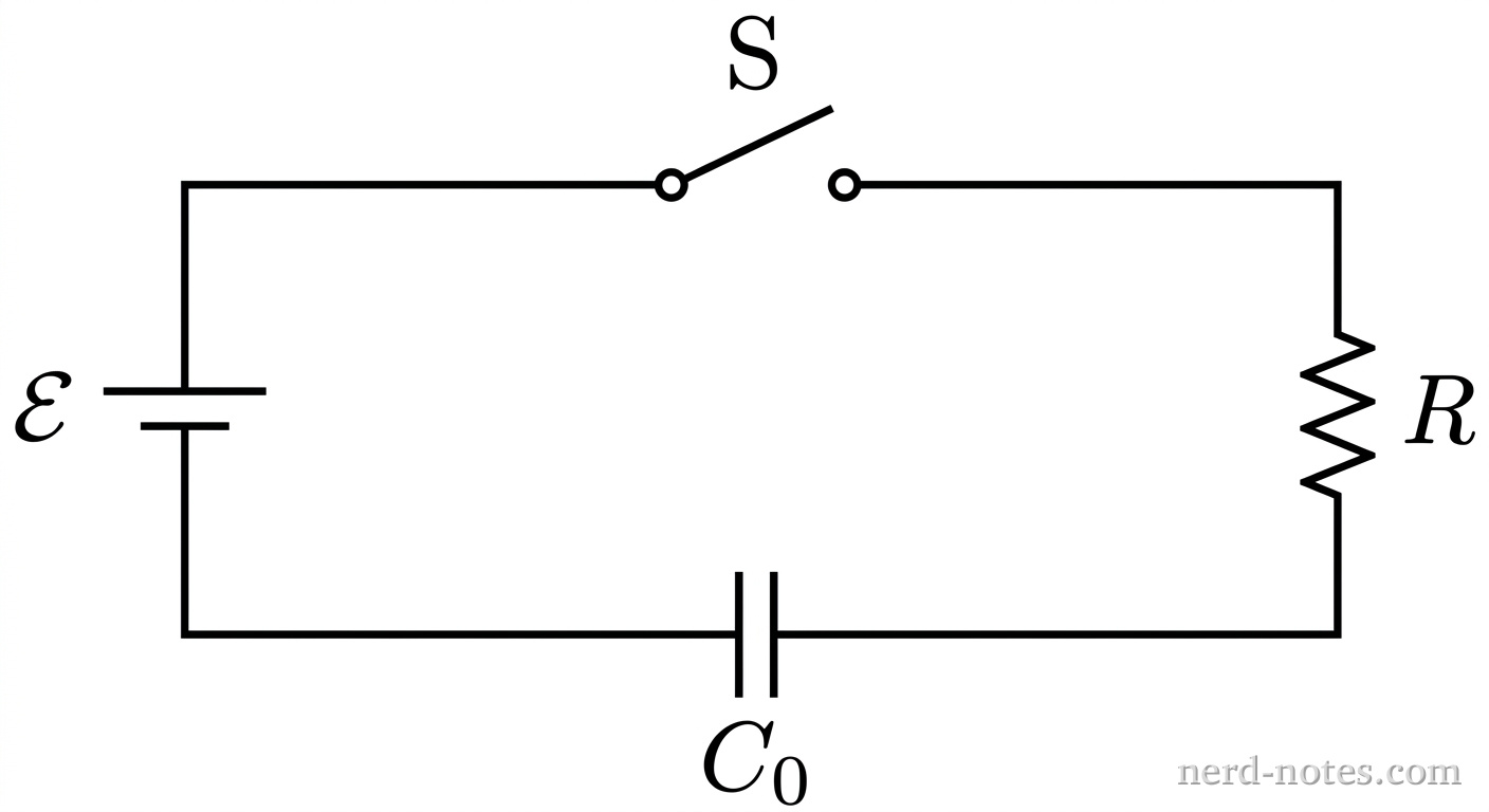 A simple series RC circuit schematic. On the left vertical wire is an ideal DC battery labeled \(\mathcal{E}\) with its long positive terminal on top. On the top horizontal wire is an open switch labeled S. On the right vertical wire is a resistor labeled R. On the bottom horizontal wire is a parallel-plate capacitor labeled C_0. The components form a single closed loop when switch S is closed. Clear lines represent wires with no extra labels, text, or construction elements.