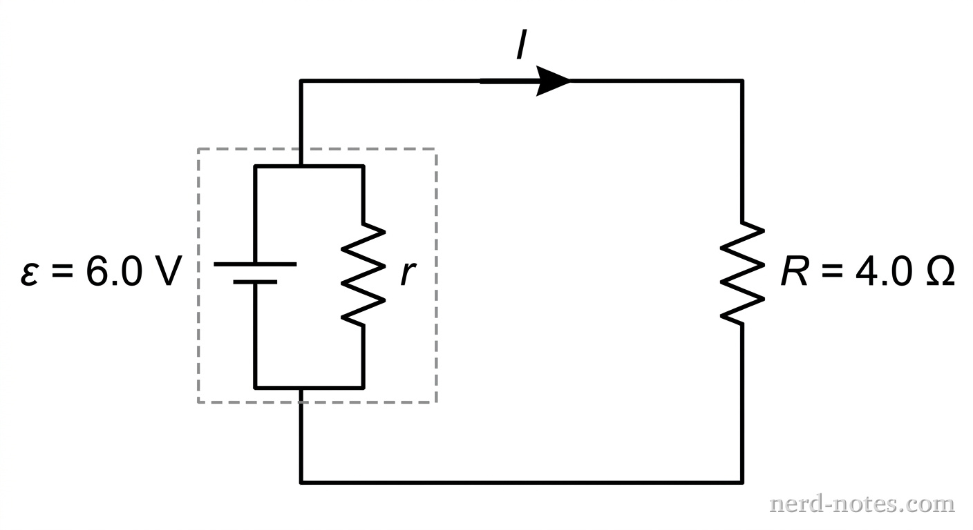 A single-loop circuit diagram drawn with clean black lines on a white background. On the left side, a battery source is represented within a dashed rectangular box containing an ideal voltage source symbol labeled \varepsilon = 6.0\text{ V} and a resistor symbol labeled r. On the right side, an external resistor symbol labeled R = 4.0\text{ }\Omega is connected in series with the battery via horizontal wire segments at the top and bottom. A small arrow along the top wire indicates conventional current I flowing clockwise. No other labels, lines, text, or axes appear.