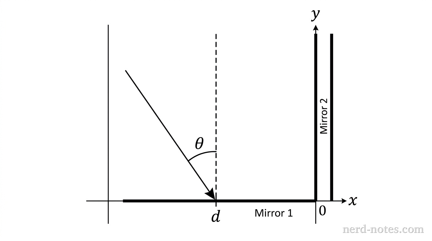 A two-dimensional Cartesian diagram showing two perpendicular mirror surfaces along the axes. A thick horizontal line segment along the positive x-axis represents Mirror 1, meeting at the origin (0,0) with a thick vertical line segment along the positive y-axis representing Mirror 2. A tick mark on the x-axis at distance d from the origin is labeled d. A vertical dashed line extends upward from x = d parallel to the y-axis, representing the normal to Mirror 1. A single straight arrow representing an incoming light ray points downward and to the left, terminating at the x-axis at x = d. An arc indicating the angle theta is drawn between the incoming ray arrow and the vertical dashed normal line, labeled \theta. No other labels, lines, text, or axes appear.