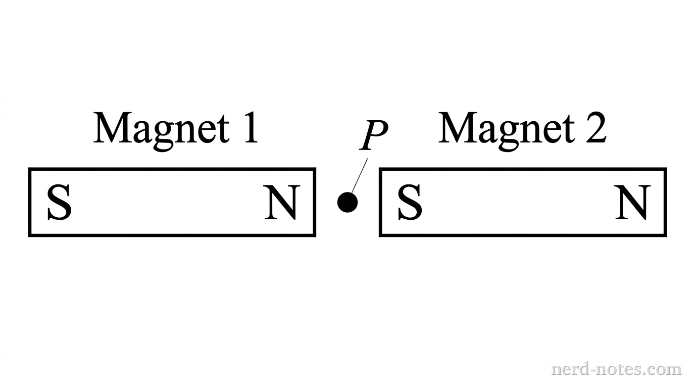 A horizontal arrangement showing two rectangular bar magnets separated by a small air gap along a single horizontal axis. The magnet on the left is labeled Magnet 1, with its left end labeled S and its right end labeled N. The magnet on the right is labeled Magnet 2, with its left end labeled S and its right end labeled N. A solid dot labeled P is positioned on the horizontal centerline directly in the middle of the gap between the facing N pole of Magnet 1 and the S pole of Magnet 2. No field lines or vector arrows are drawn.