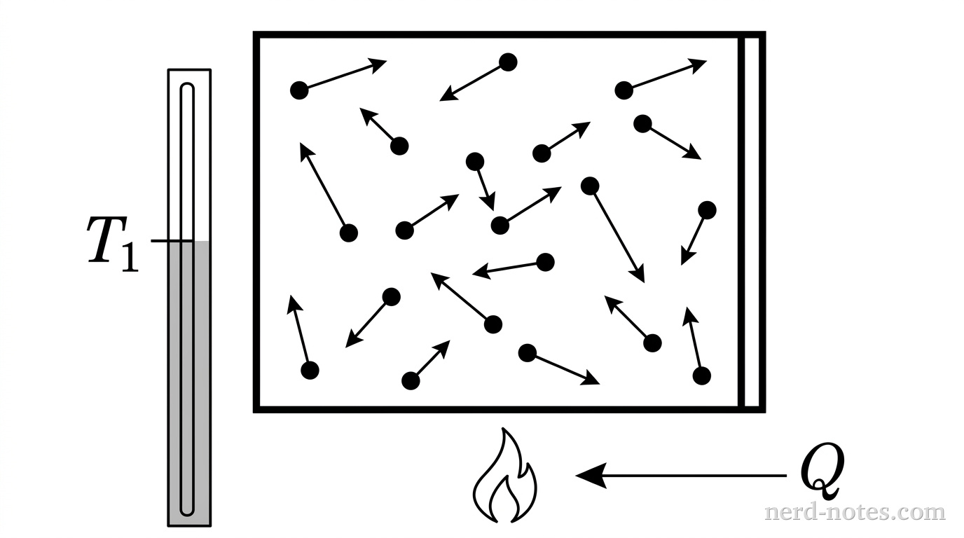 A simple line drawing showing a sealed rectangular box with thick black outlines representing a rigid container. Inside the box, fifteen small filled black circles representing gas molecules are distributed randomly. Each circle has a thin straight arrow attached to it, pointing in a random direction with various arrow lengths ranging from short to medium. Below the container, a small stylized flame shape is drawn with a horizontal arrow labeled Q pointing toward the bottom of the box. To the left of the container stands a vertical rectangle representing a thermometer, with a shaded fluid column rising to a line labeled T_1. No other labels, lines, text, or axes appear.