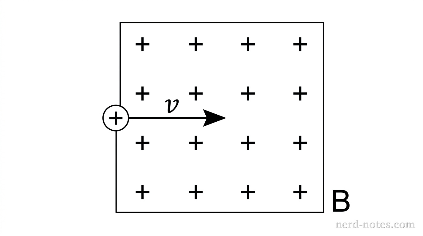 A rectangular region of magnetic field is represented by a uniform grid of sixteen small cross symbols arranged in four rows and four columns, labeled with the variable B to indicate a magnetic field directed perpendicularly into the page. A small circle containing a positive plus sign represents a proton entering the left side of the region. A horizontal vector arrow labeled with the variable v extends from the center of the proton circle straight toward the right, perpendicular to the magnetic field vectors. No other labels, lines, text, or axes appear.