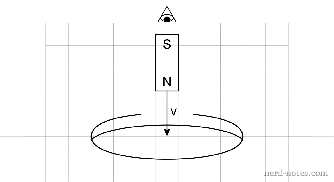 A vertical bar magnet positioned along the central vertical axis above a horizontal circular copper ring. The magnet has its north pole labeled N at the bottom end and its south pole labeled S at the top end. A straight vertical arrow labeled v points downward from the bottom of the magnet toward the center of the ring. The copper ring is drawn as a thin horizontal ellipse to indicate perspective. An observer eye symbol is drawn above the setup looking downward along the vertical axis. No other labels, lines, text, or axes appear.